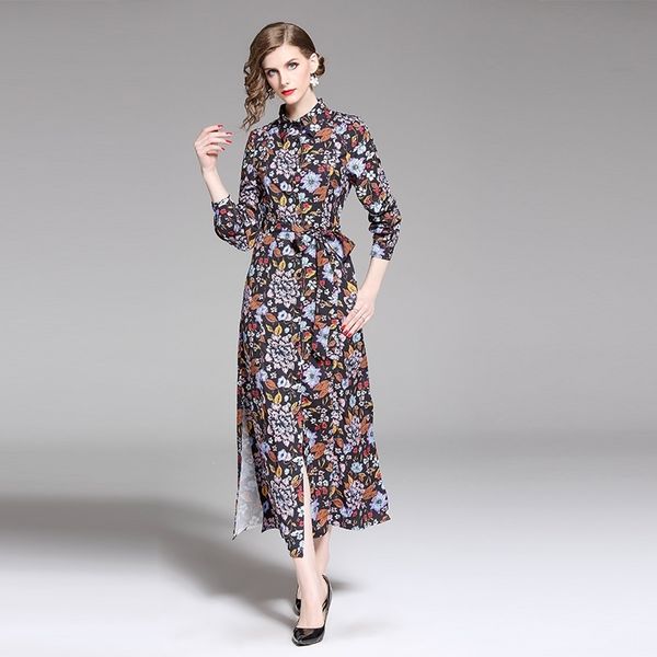 

high end women's 2020 spring new hem split long sleeve print dress, Black;gray