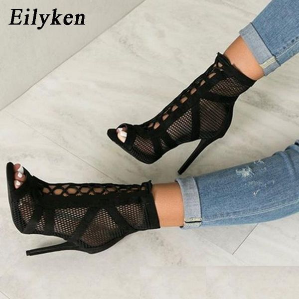 

sandals 2022 fashion black summer lace up cross-tied peep toe high heel ankle strap net surface hollow out