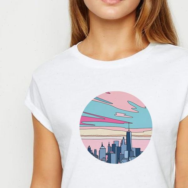

new t shirt female scenery city tshirt ulzzang spring summer womens shirt pretty graphic printing ropa mujer o neck t shirts, White