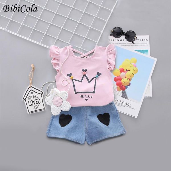 

clothing sets bibicola summer toddler kids baby girl short sleeve crown t-shirt + love print shorts cute fashion outfits clothes, White