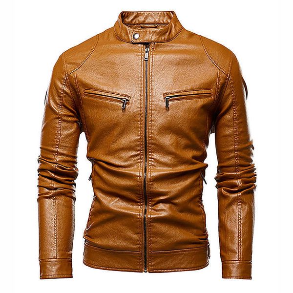 

thoshine brand leather jackets men superior quality zip fashion outerwear coats stand collar man spring autumn jackets 211009, Black