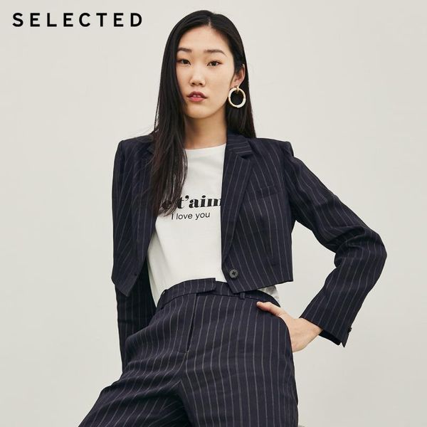 

selected women's linen-blended casual short striped blazer s|420272517, White;black