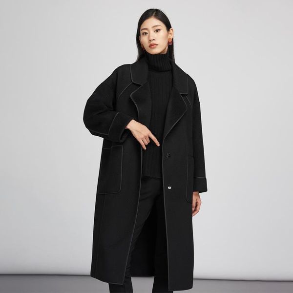 

women's wool & blends overcoat loose korean winter woolen with thick lapel medium long double faced windbreaker, Black