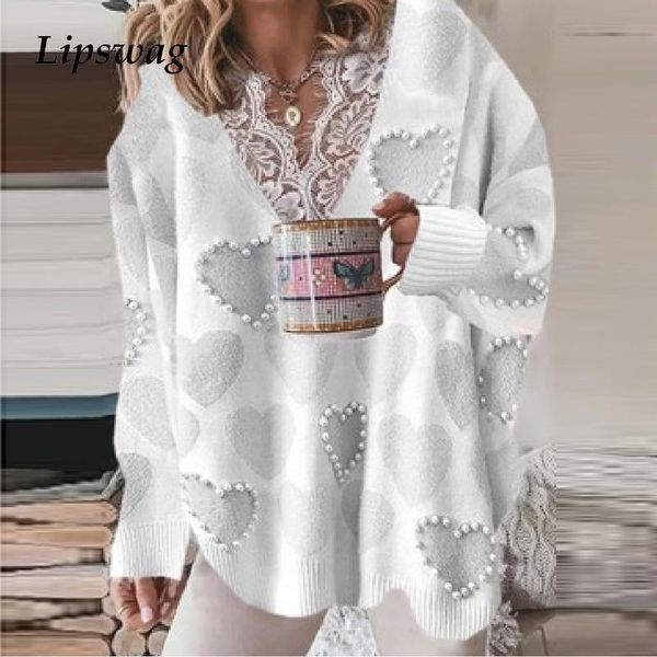

women's sweaters fashion beading heart print blouse v neck lace patchwork women pullover spring autumn casual loose mujers, White;black