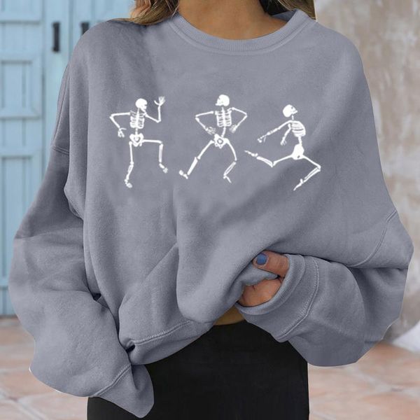 

women's hoodies & sweatshirts women long sleeve sweatshirt capless loose personality round neck skull print casual pure color home trav, Black