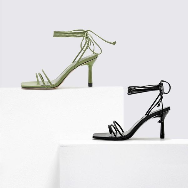 

dress shoes sandals women's 2021 summer small strap thin heel open toe high with bow and square, Black