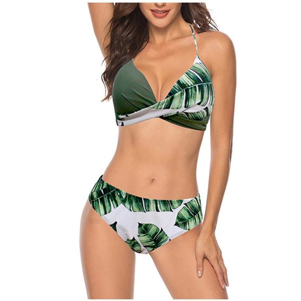 

women's swimwear push up bikinis set women swimsuits bathing suit halter biquini leaf print beach wear bikini 2021#f3, White;black