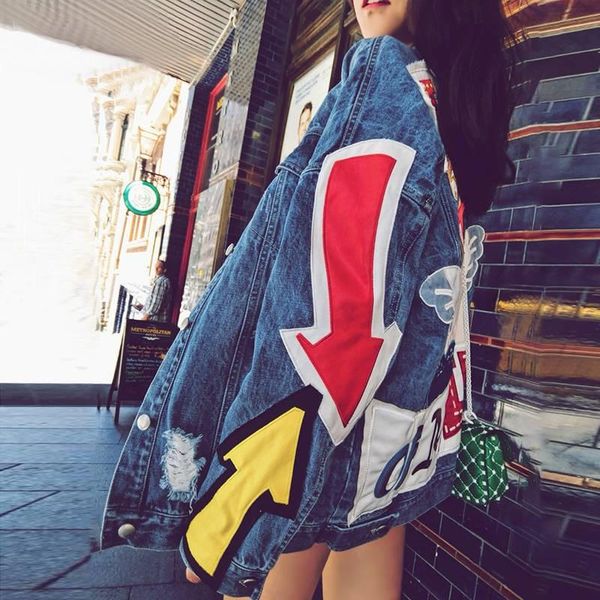

2021 new boyfriend denim jackets women autumn print streetwear jeans jacket women plus size loose outwear casaco feminino nzy20, Black;brown