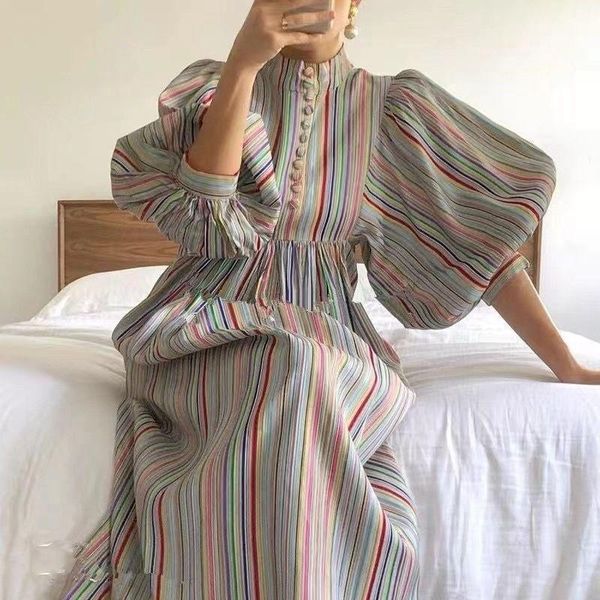 

casual dresses [ewq] fashion minimalist print derss women autumn 2021 half high collar loose puff sleeve bohemian dress female robe 5e2782, Black;gray
