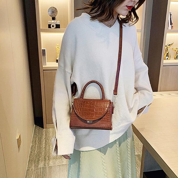 

casual mini solid color messenger shoulder tote bag fashion handle bag female crocodile grain pu leather handbags