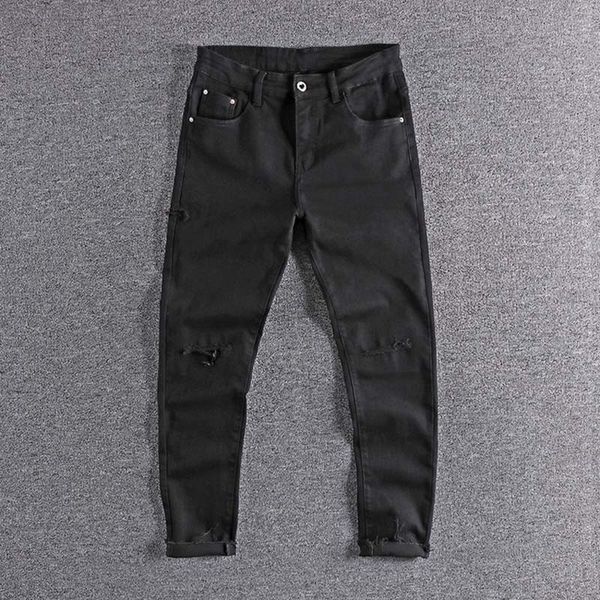 

cut hem, broken hole, black trend, slim fit, cropped pants, european and american men's jeans trouser promotion k2tp, White;black