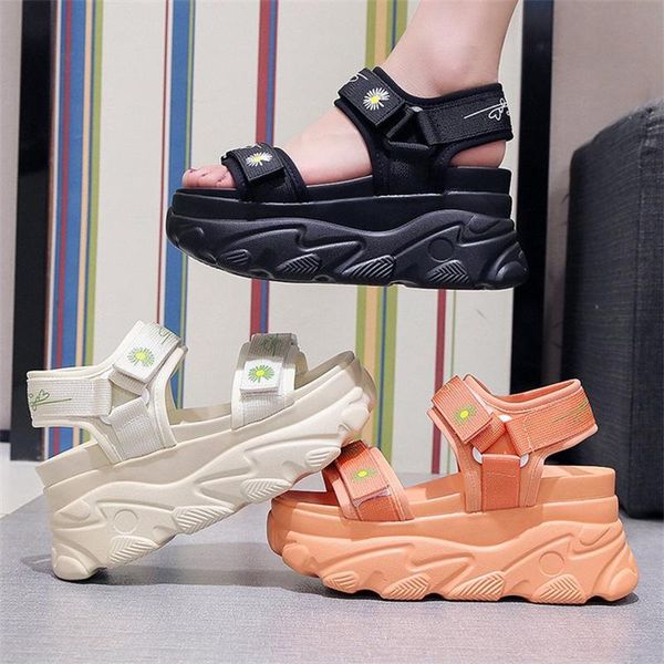 

sandals thick bottom sports women's 2021 summer flower embroidery pine cake fish mouth heightening wear resisting shoes, Black
