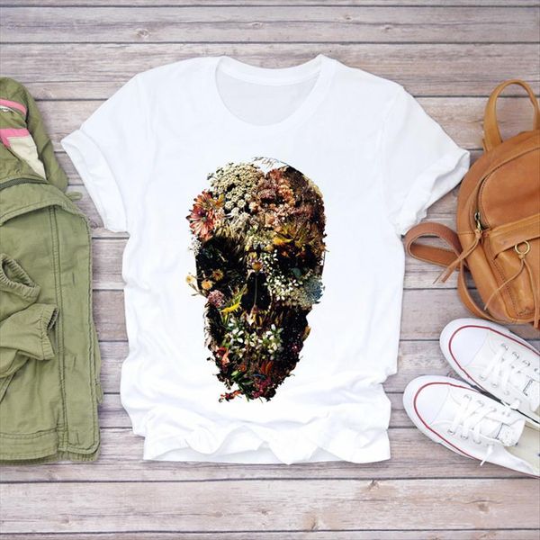 

skull floral 90s summer women t shirt fall cute harajuku womens ladies graphic female tee, White
