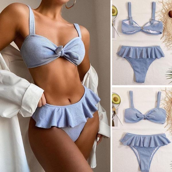 

one-piece suits 2021 high waist bikini ruffled knotted lady swimsuit women swimwear two-pieces set mid bather bathing suit swim