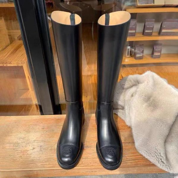 

knight boots black leather knee high boots women heels cowboy western round head winter