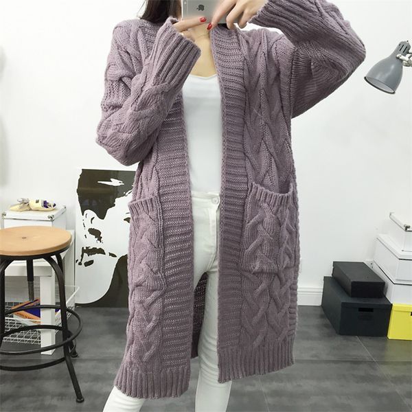 

2021 new autumn spring long cardigans for women vintage solid sweaters open stitch with big pockets casual thick female knitted outwear l8lq, White;black