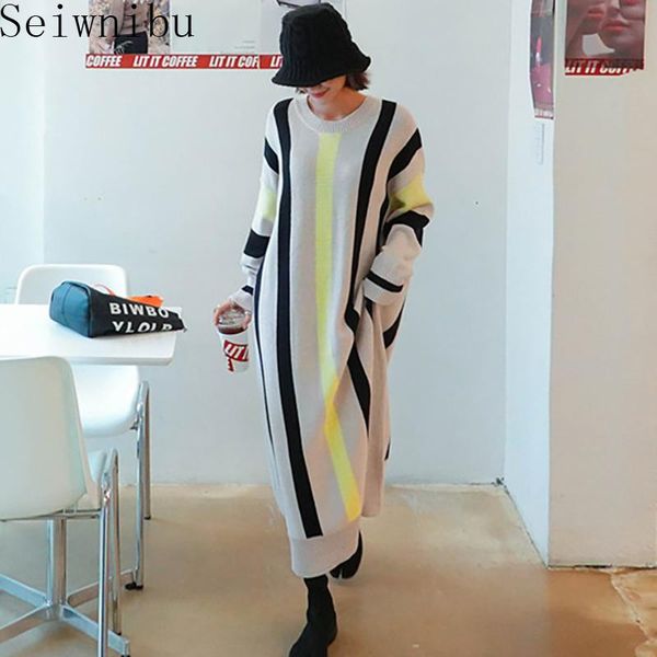 

casual dresses autumn and winter large size long sweater dress women loose striped knitted korea style knit 2021, Black;gray