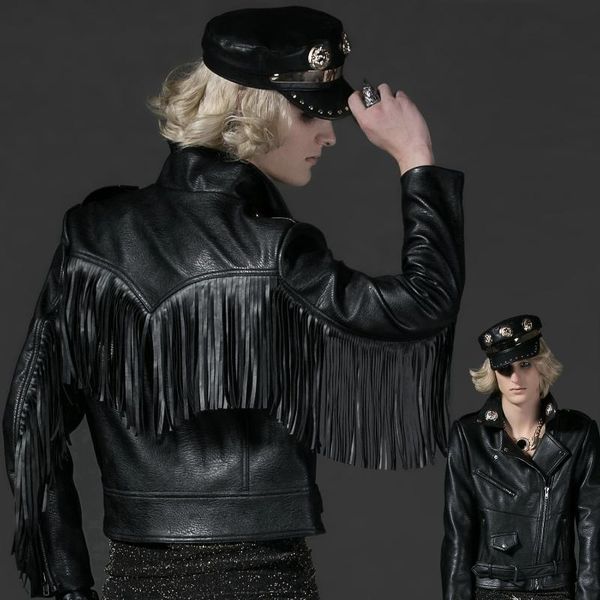 

men's fur & faux motoqueiro jaqueta masculina men short leather coat male tassels motorcycle jacket streetwear punk gothic hip hop oute, Black