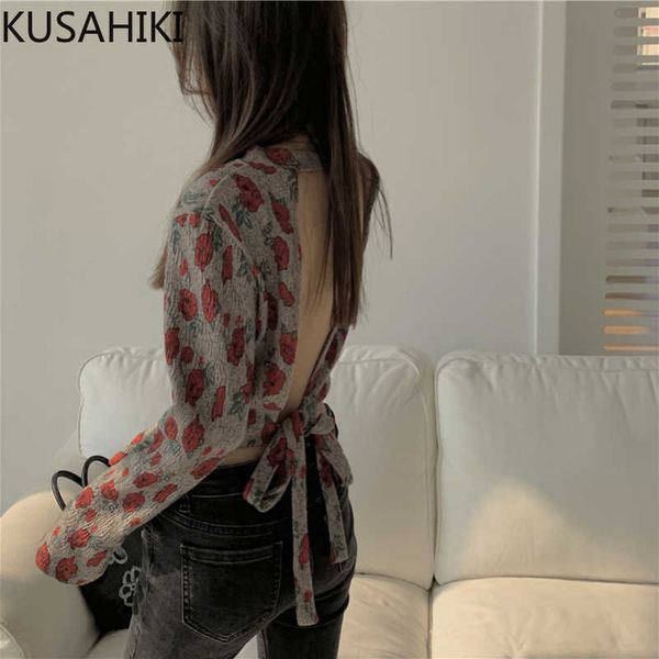 

bow tie backless crop shirts korean fashion rose printed tshirt summer slim long sleeve graphic tee 6g616 210603, White