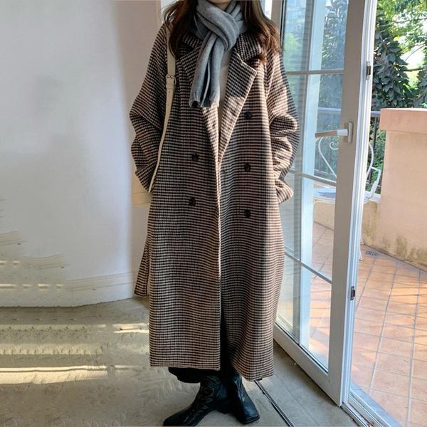 

women's wool & blends [ewq] korean chic plaid contrast long woolen overcoat autumn winter 2021 loose notched double breasted coat femal, Black