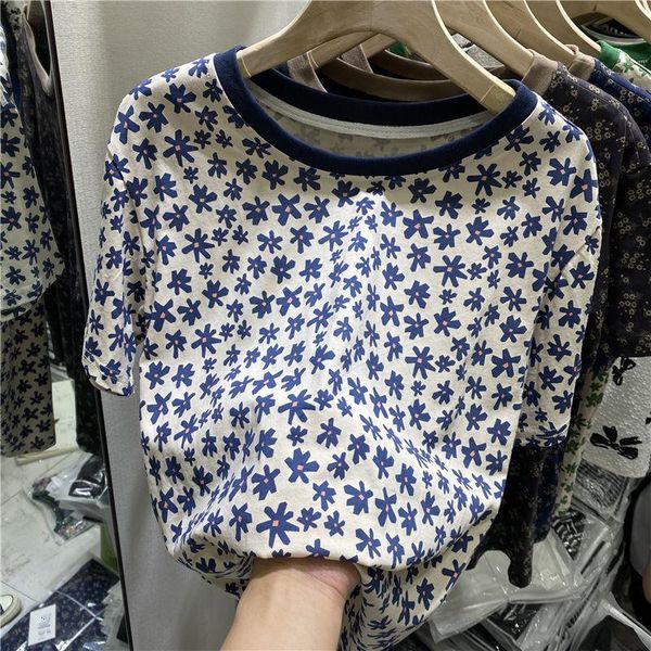 

women's t-shirt pure cotton retro floral short-sleeved summer 2021 xinsen style all-match bottoming shirt tide flower tshirt, White