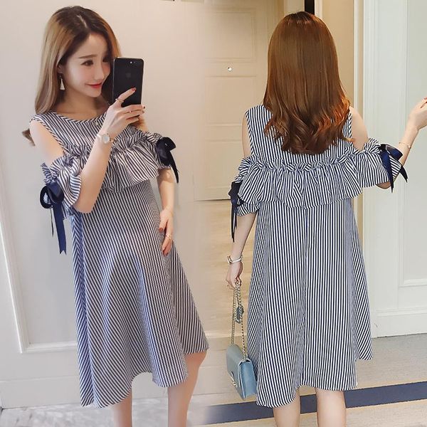 

new summer maternity dresses bow sleeve dress clothes for pregnant women daily wearing striped pregnancy clothing, White