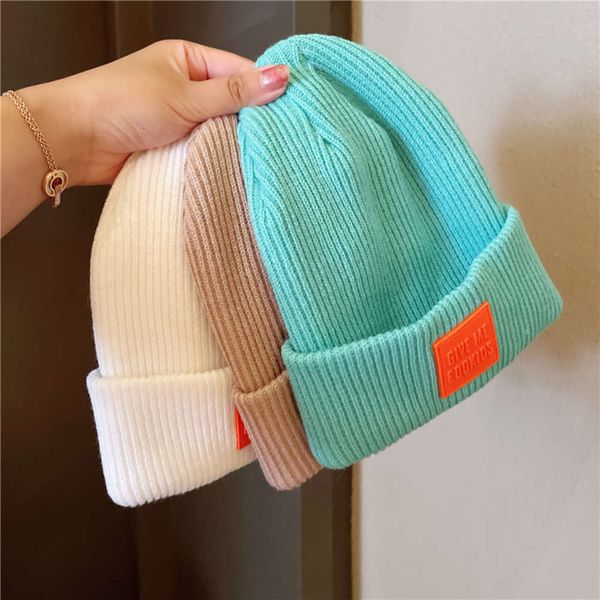 

hat net red label thickened warm candy color knitted damp wool versatile ear protection children autumn and men, Blue;gray