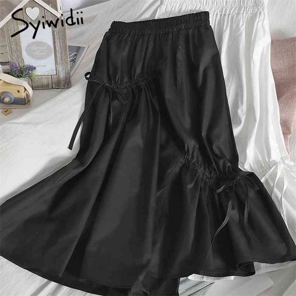 

drawstring bow lace up elastic high waist midi skirts women a-line white black korean clothing summer fashion 210607