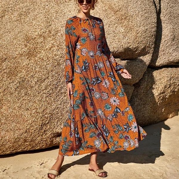 

casual dresses 2021 summer floral print long sleeve loose dress women elegant sweet high waist holiday boho robe maxi vestidos, Black;gray