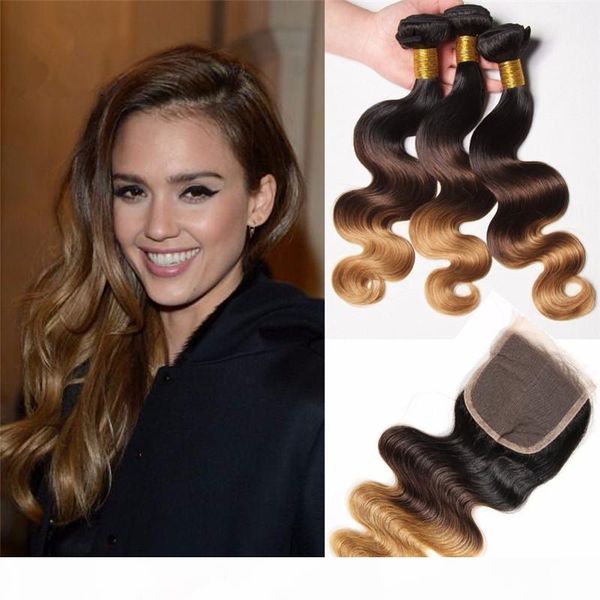 

#1b 4 27 honey blonde ombre brazilian virgin human hair wefts with lace closure 4*4 three tone ombre 3bundles hair weave with closure, Black