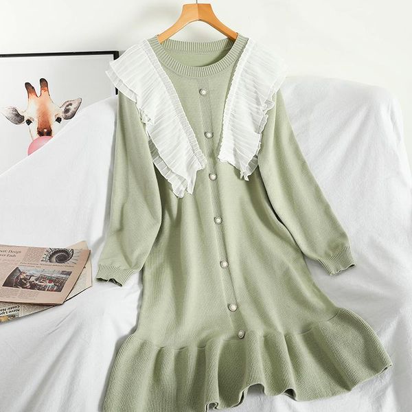 

casual dresses sweet ruffles patchwork buttons korean dress for women autumn knitted clothing chic girl round neck long sleeve straight, Black;gray