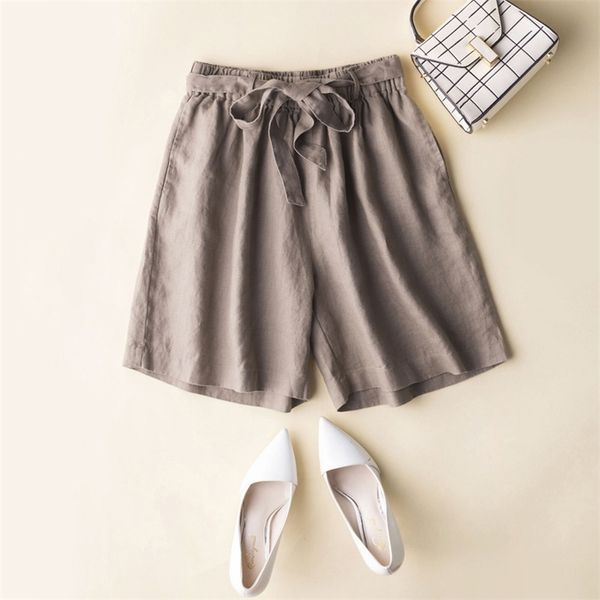 

women summer fashion korean style pure linen wide leg shorts office lady solid color elastic waist casual harajuku ulzzang short 210625, White;black