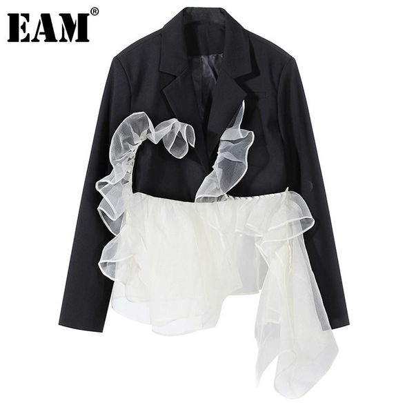 

women's suits & blazers [eam] women black ruffles organza irregular blazer lapel long sleeve loose fit jacket fashion spring autumn 202, White;black