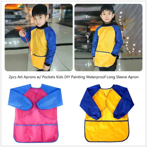 

aprons 2pcs children painting with pocket kids boy girl waterproof long sleeve kindergarten drawing art bib apron