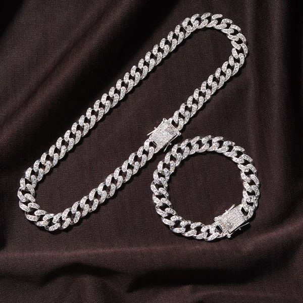 

chains 12mm miami prong cuban chain link necklaces set iced out rhinestones curb bling bracelet for mens hip hop jewelry, Silver