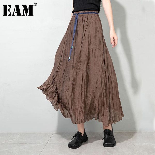 

skirts [eam] high elastic waist brown long wrinkled holiday temerament half-body skirt women fashion spring summer 2021 1dd8349, Black