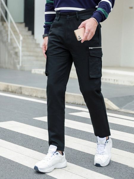 

men zip detail flap pocket side pants p3xj#, Black
