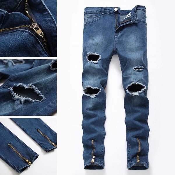 

men's jeans fashion personality patch begging pants ripped men slim straight korean trend, Blue