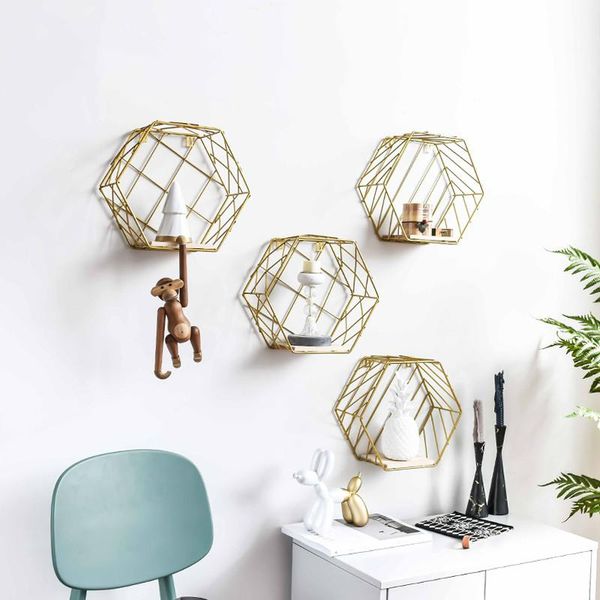 

metal painting modern minimalist nordic wind wall creative combination hanging living room bedroom bookcase hexagonal geometric rack