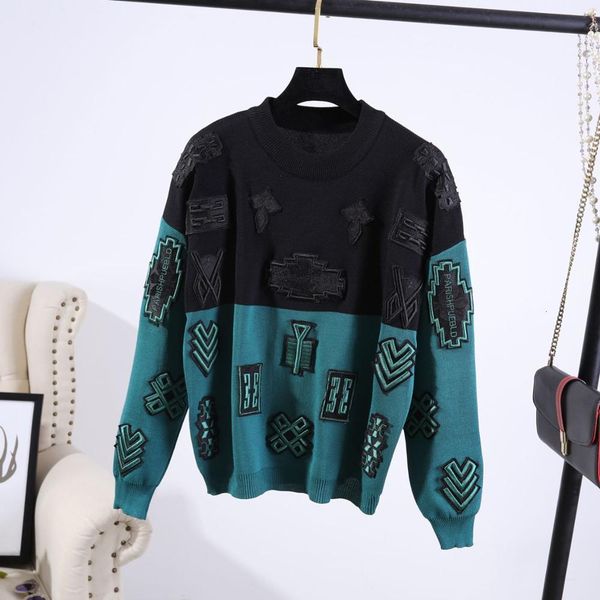 

fashion knitted set women patchwork embroidery sweater pencil pants two piece outfits female loose casual sports knit suit 2pc rybx, Blue