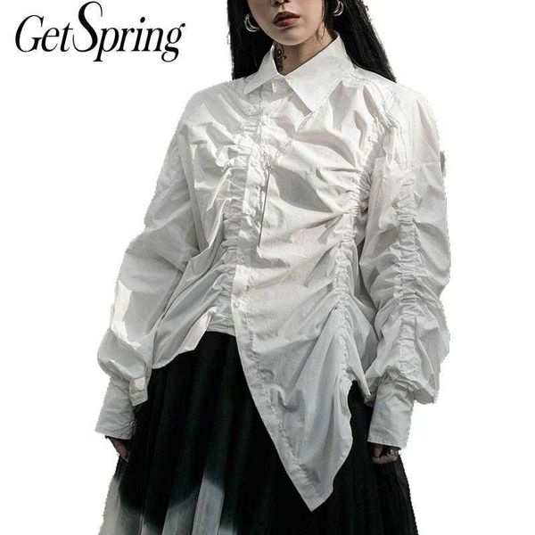 

getspring women blouse puff sleeve asymmetry cotton white woman blouses shirts long irregular bloues 210601