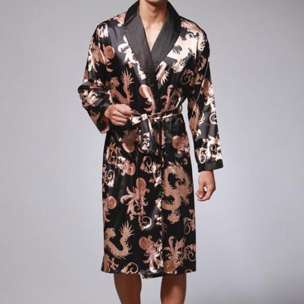 

men's sleepwear plus size mens bathrobe silk kimono long sleeve robes dressing gown print satin pajamas men night peignoir homme, Black;brown