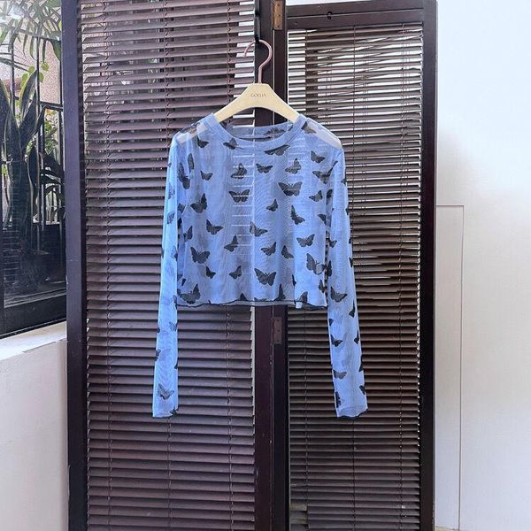 

women's t-shirt 2021 korean slim elastic mesh bottomed long sleeve micro transparent lace ice sunscreen top, White