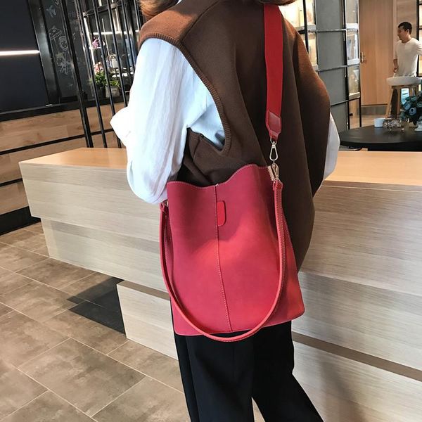 

new fashion large capacity bucket bags for women nubuck leather crossbody handbag lady wide strap shoulder bag sac