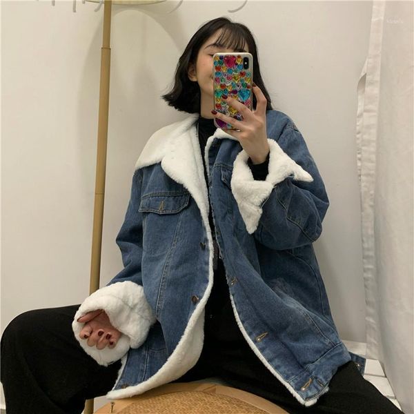 

thick loose jacket women long sleeve blue jean student denim plus velvet turn down collar surchemise coats jackets ef50wj women's, Black;brown
