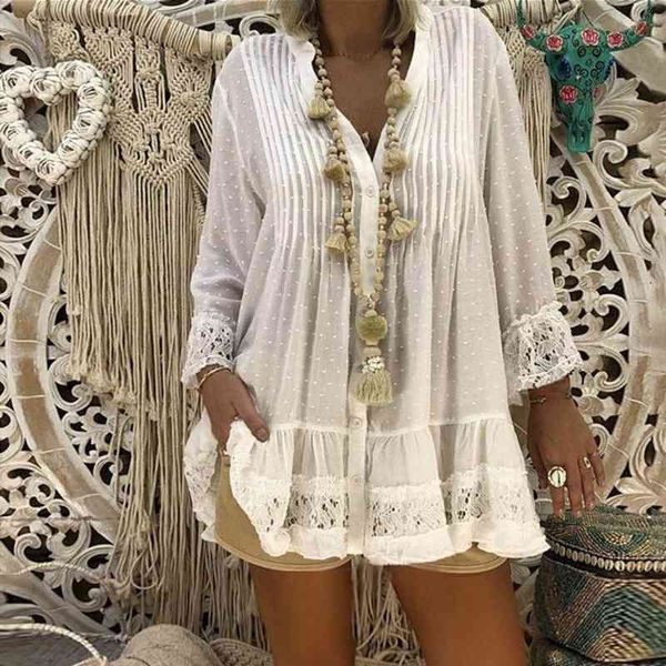 

5xl plus size white lace blouse women summer v neck long sleeve chiffon blouse shirt big sizes loose ladies tunic 210721