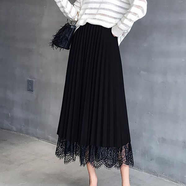 

women spring skirts summer lace elastic high waist long mesh skirt womens pleated transparent one layer tassel short skirt, Black