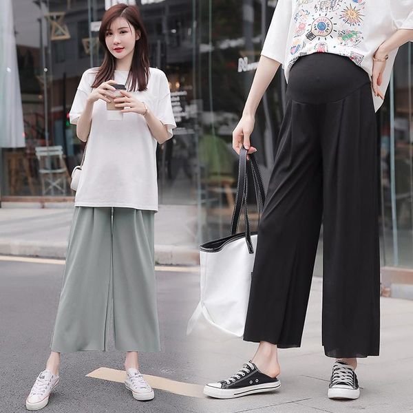 

maternity bottoms pants spring autumn adjustable elastic waist wide leg shorts loose belly support trousers, White