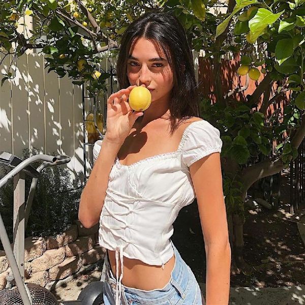 

women's blouses & shirts puff sleeve white retro vintage woman blouse slash neck lace up waist short sext solid streetwear fashion sum