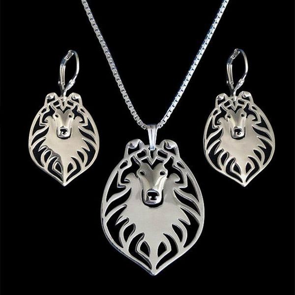 

earrings & necklace women's dog and female rough collie jewelry set, Silver
